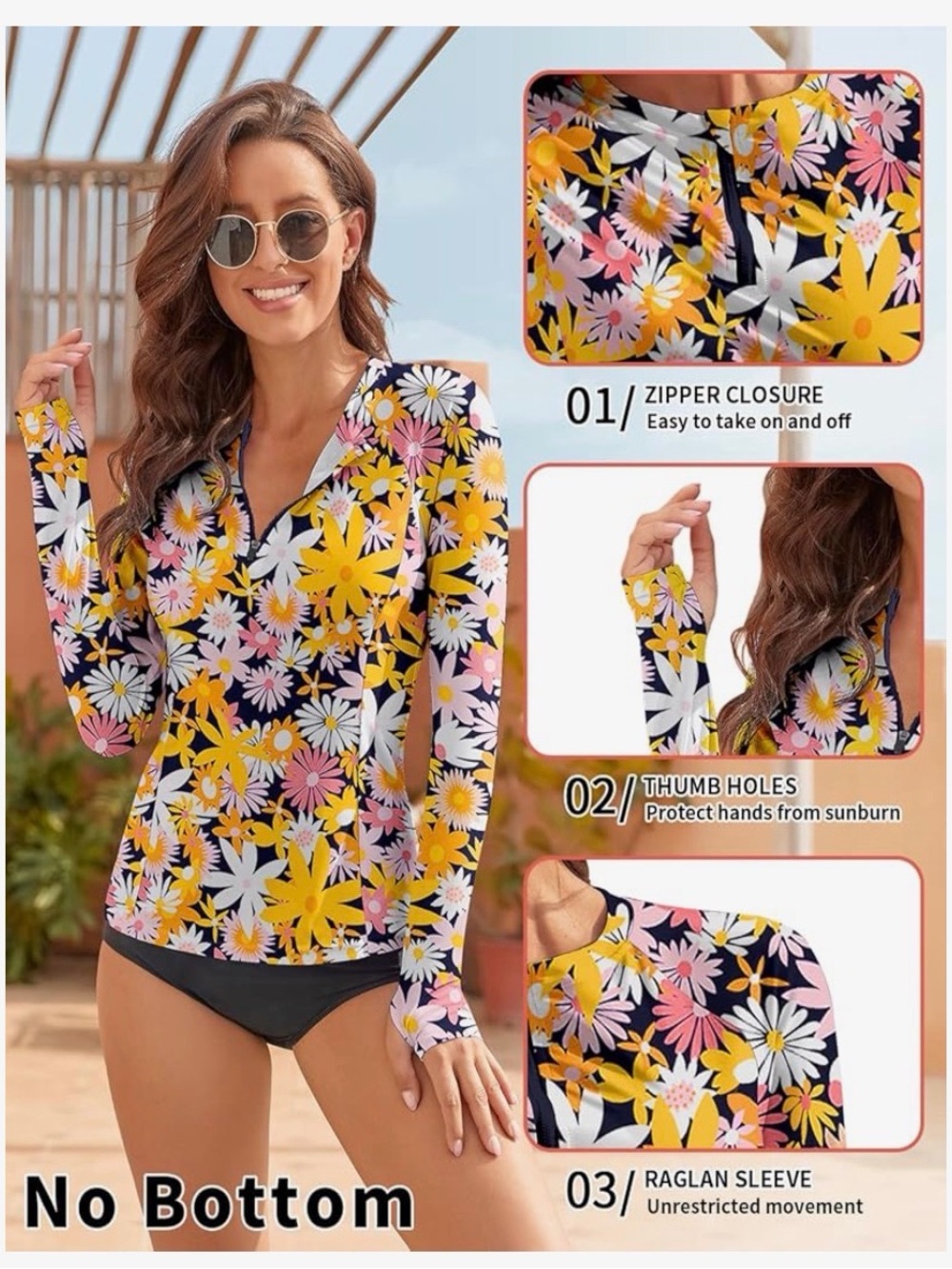 NWT Amazon Women’s floral zip swim shirt rash guard SPF 50 Large - Picture 3 of 5